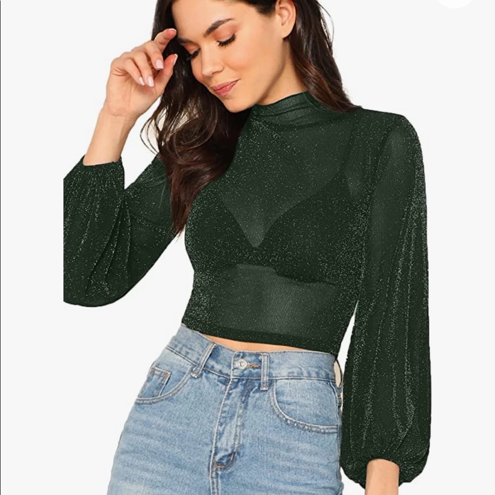 Romwe Green Glitter Sheer Mesh Top
